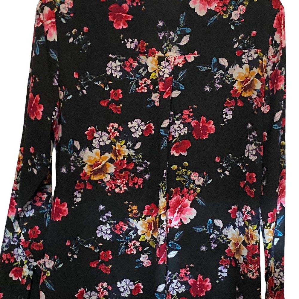 Pre-owned Express Black Floral Print Portofino Slim Fit Blouse Size L - Picture 3 of 6